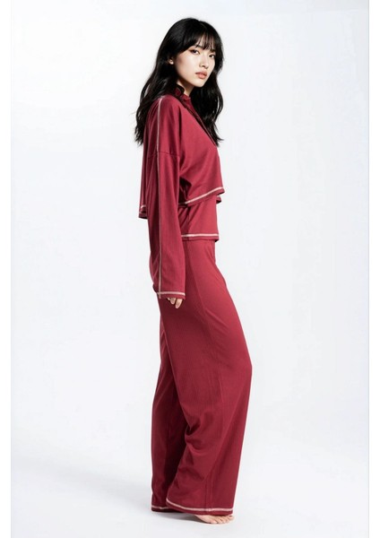 Kadın Bordo Raporlu Kaşkorse Doku Seoul 3 Lü Pijama Takım modelleri
