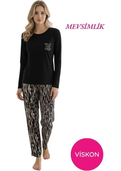 Kadın Desenli Bisiklet Yaka Düğmesiz Mevsimlik Likra Viskon Uzun Kol Pijama Takımı