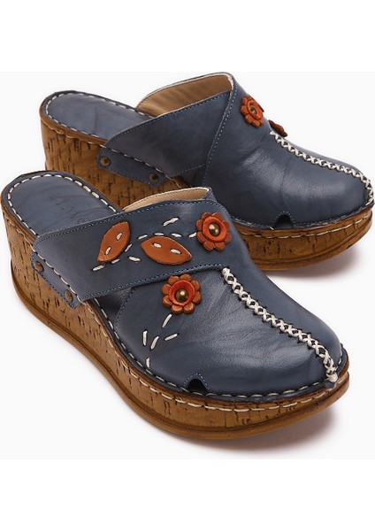 Hakiki Deri Alto Koyu Mavi Dolgu Terlik Eskitme Tabanlı Comfort Terlik