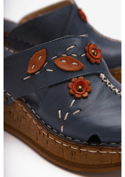 Hakiki Deri Alto Koyu Mavi Dolgu Terlik Eskitme Tabanlı Comfort Terlik modelleri