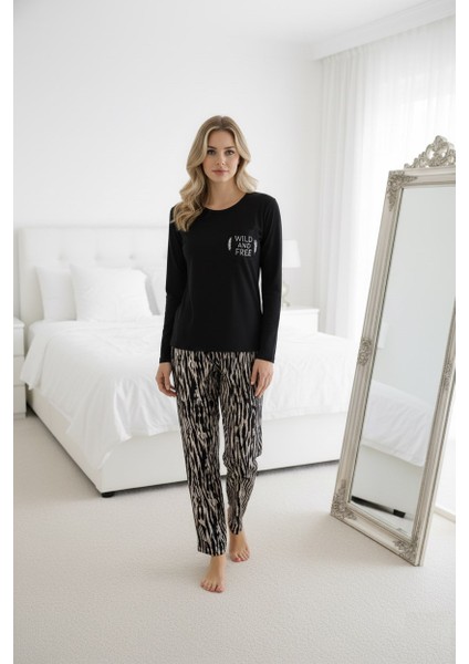 Kadın Desenli Bisiklet Yaka Düğmesiz Mevsimlik Likra Viskon Uzun Kol Pijama Takımı fırsatları