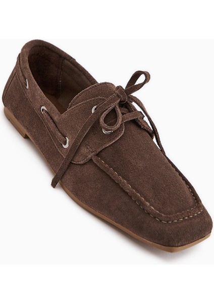 Arian Hakiki Deri Vizon Süet Bağcıklı Makosen Günlük Loafer Kadın Ayakkabı