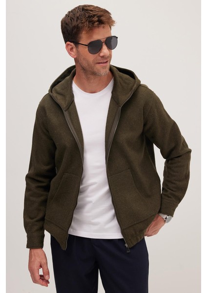 Erkek Relax Fit Rahat Kesim Fermuarlı Çift Cep Kapüşonlu Haki Ceket Gömlek