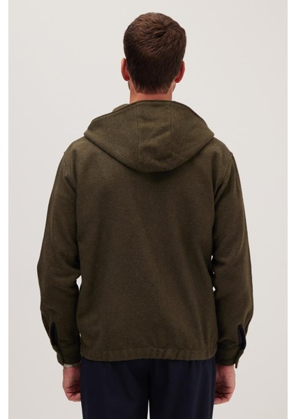 Erkek Relax Fit Rahat Kesim Fermuarlı Çift Cep Kapüşonlu Haki Ceket Gömlek
