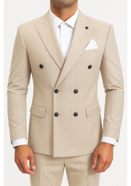 Çizgili Kruvaze Erkek Takım Elbise – Şık ve Rahat Italyan Kesim, Belden Oturtmalı, Top Düğmeli fiyatları