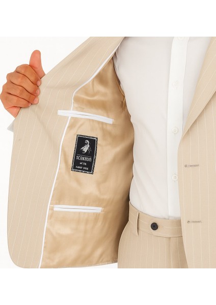 Çizgili Kruvaze Erkek Takım Elbise – Şık ve Rahat Italyan Kesim, Belden Oturtmalı, Top Düğmeli fırsatları