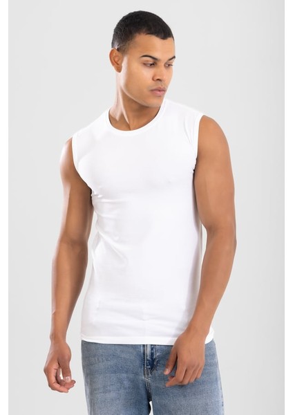 Erkek Bisiklet Yaka Kolsuz Pamuklu Body Fanila Tişört Beyaz