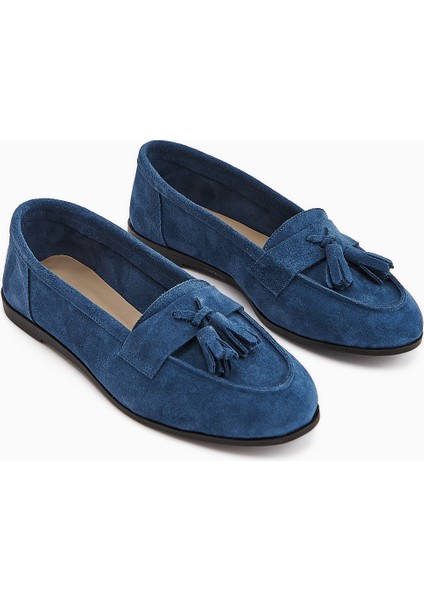Doris Hakiki Deri Mavi Süet Püsküllü Kadın Loafer Ayakkabı