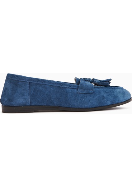 Doris Hakiki Deri Mavi Süet Püsküllü Kadın Loafer Ayakkabı fiyatları