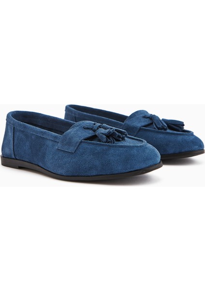Doris Hakiki Deri Mavi Süet Püsküllü Kadın Loafer Ayakkabı modelleri