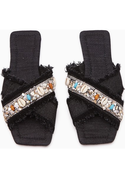 Felisa Siyah Taş ve Deniz Kabuğu Süslemeli Bohem Kadın Terlik fiyatları