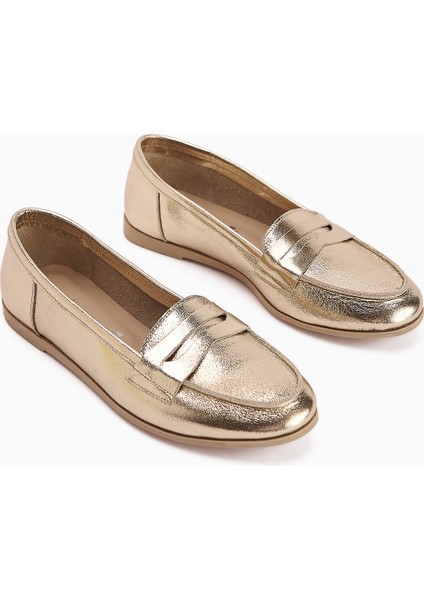 Solina Hakiki Deri Altın Makosen Ayakkabı Rahat Günlük Loafer