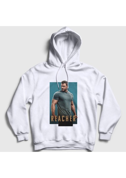 Unisex Beyaz Poster Reacher Alan Ritchson Kapüşonlu Sweatshirt