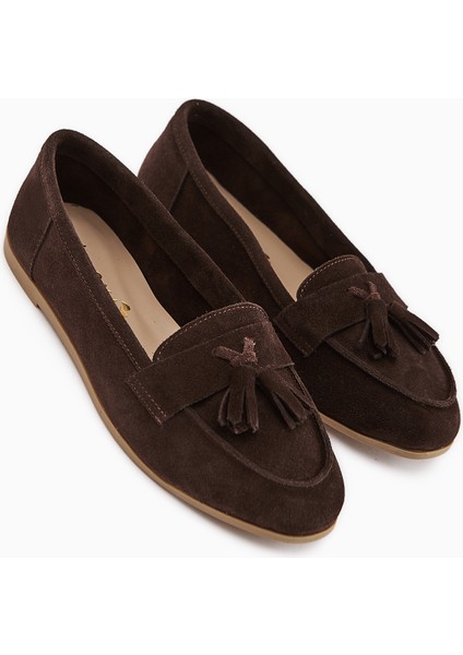 Doris Hakiki Deri Kahve Süet Püsküllü Kadın Loafer Ayakkabı modelleri