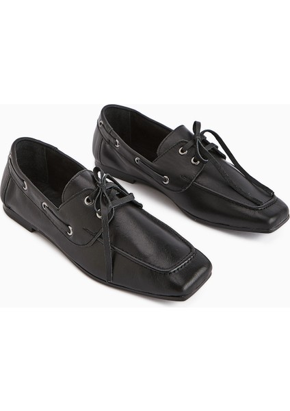 Arian Hakiki Deri Siyah Bağcıklı Makosen Günlük Loafer Kadın Ayakkabı