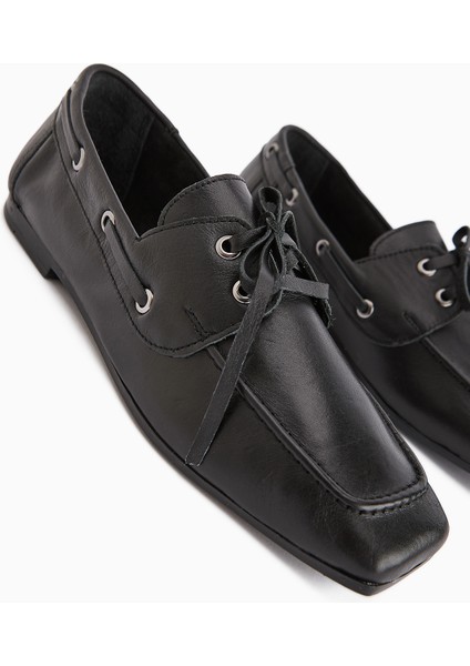 Arian Hakiki Deri Siyah Bağcıklı Makosen Günlük Loafer Kadın Ayakkabı fırsatları