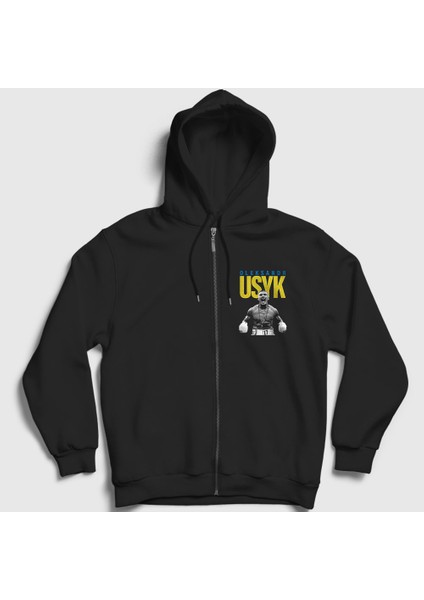 Unisex Siyah Poster Boks Boxing Oleksandr Usyk Fermuarlı Kapüşonlu Sweatshirt