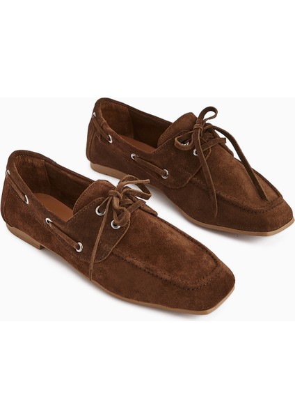 Arian Hakiki Deri Kahve Süet Bağcıklı Makosen Günlük Loafer Kadın Ayakkabı