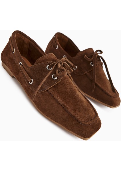 Arian Hakiki Deri Kahve Süet Bağcıklı Makosen Günlük Loafer Kadın Ayakkabı fırsatları