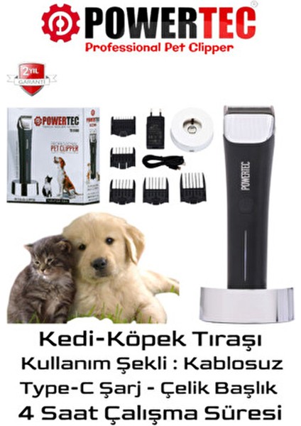 TR-9100 Kedi ve Köpekler İçin Kablosuz Traş Makinesi 5 Farklı Tarak ile 2000mAh