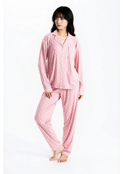 Kadın Pudra Pari Raporlu Kaşkorse Doku Seoul Uzun Kol Üst Pantolon Pijama Takım