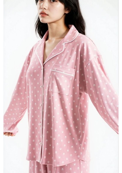 Kadın Pudra Pari Raporlu Kaşkorse Doku Seoul Uzun Kol Üst Pantolon Pijama Takım fiyatları