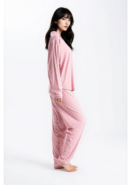 Kadın Pudra Pari Raporlu Kaşkorse Doku Seoul Uzun Kol Üst Pantolon Pijama Takım modelleri