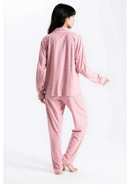 Kadın Pudra Pari Raporlu Kaşkorse Doku Seoul Uzun Kol Üst Pantolon Pijama Takım fırsatları