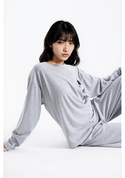 Kadın Gri Melanj Raporlu Kaşkorse Doku Seoul Uzun Kol Üst Pantolon Pijama Takım fiyatları