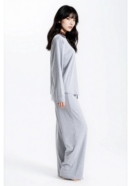 Kadın Gri Melanj Raporlu Kaşkorse Doku Seoul Uzun Kol Üst Pantolon Pijama Takım modelleri