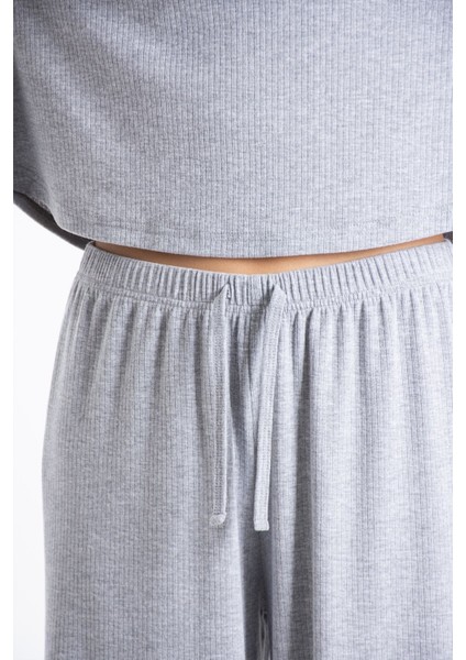 Kadın Gri Melanj Raporlu Kaşkorse Doku Seoul Uzun Kol Üst Pantolon Pijama Takım