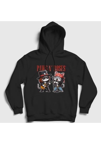 Unisex Siyah Paws N' Roses Guns N' Roses Kedi Kedili Kapüşonlu Sweatshirt