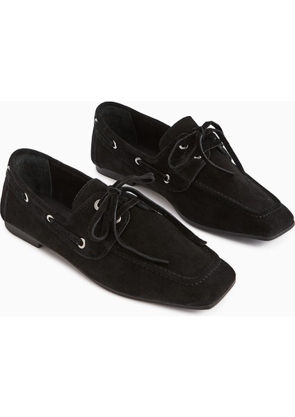 Arian Hakiki Deri Siyah Süet Bağcıklı Makosen Günlük Loafer Kadın Ayakkabı
