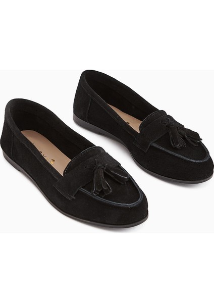 Doris Hakiki Deri Siyah Süet Püsküllü Kadın Loafer Ayakkabı