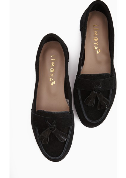 Doris Hakiki Deri Siyah Süet Püsküllü Kadın Loafer Ayakkabı modelleri