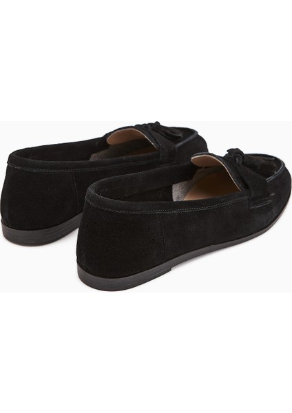 Doris Hakiki Deri Siyah Süet Püsküllü Kadın Loafer Ayakkabı fırsatları