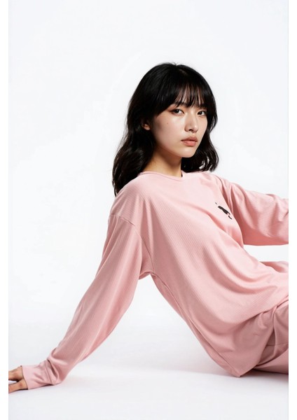 Kadın Pudra Raporlu Kaşkorse Doku Seoul Uzun Kol Üst Pantolon Pijama Takım modelleri