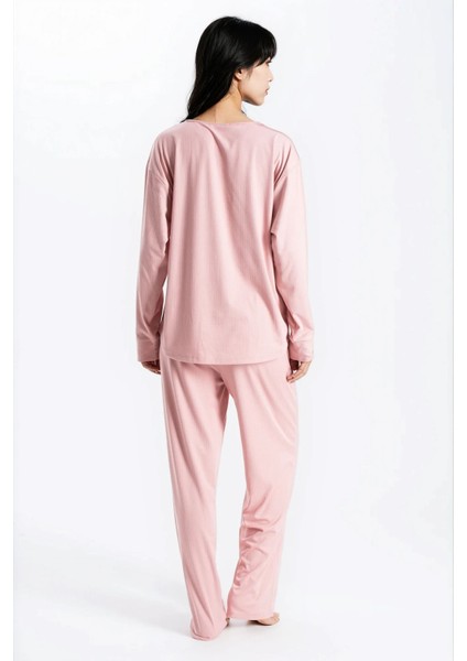 Kadın Pudra Raporlu Kaşkorse Doku Seoul Uzun Kol Üst Pantolon Pijama Takım fırsatları