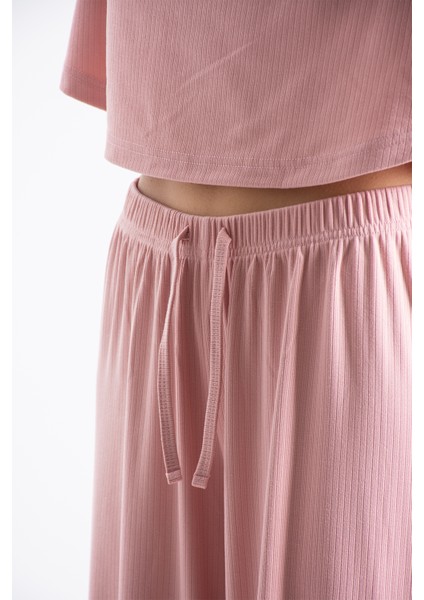 Kadın Pudra Raporlu Kaşkorse Doku Seoul Uzun Kol Üst Pantolon Pijama Takım indirimleri