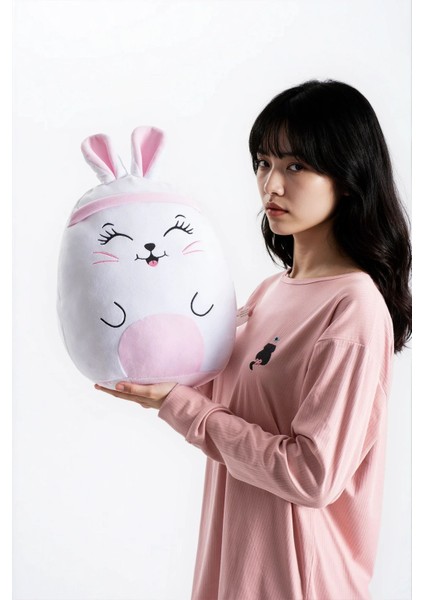 Kadın Pudra Raporlu Kaşkorse Doku Seoul Uzun Kol Üst Pantolon Pijama Takım