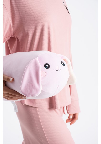 Kadın Pudra Raporlu Kaşkorse Doku Seoul Uzun Kol Üst Pantolon Pijama Takım