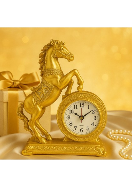 Altın Renk At Figürlü Masa Saati – 22X17 cm Dekoratif ve Şık Tasarım Premium Hediye