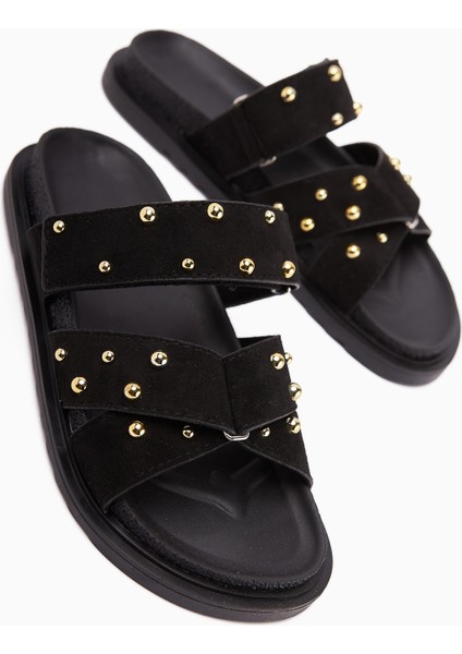 Mino Siyah Çapraz Bantlı Zımbalı Kadın Terlik