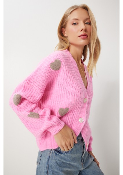 Kalp Motifli Oversize Triko Hırka LPF0050 Pembe