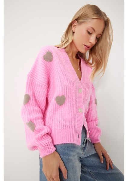 Kalp Motifli Oversize Triko Hırka LPF0050 Pembe fiyatları
