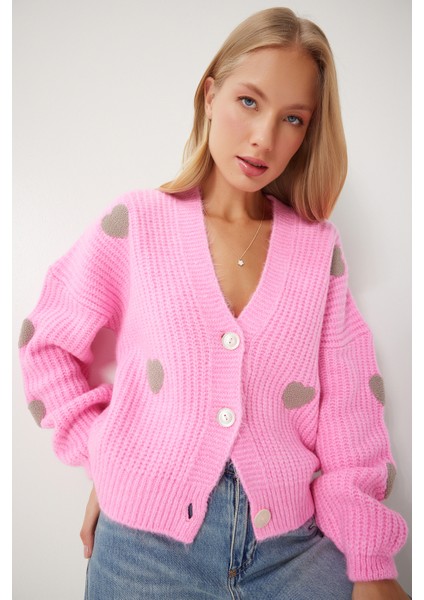 Kalp Motifli Oversize Triko Hırka LPF0050 Pembe modelleri