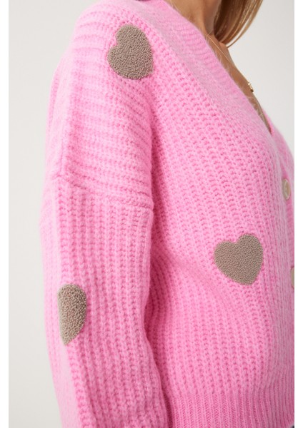 Kalp Motifli Oversize Triko Hırka LPF0050 Pembe indirimleri