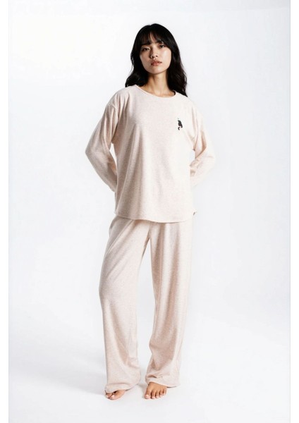 Kadın Taş Melanj Raporlu Kaşkorse Doku Seoul Uzun Kol Üst Pantolon Pijama Takım