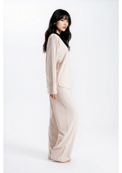 Kadın Taş Melanj Raporlu Kaşkorse Doku Seoul Uzun Kol Üst Pantolon Pijama Takım modelleri