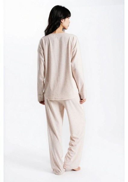 Kadın Taş Melanj Raporlu Kaşkorse Doku Seoul Uzun Kol Üst Pantolon Pijama Takım fırsatları